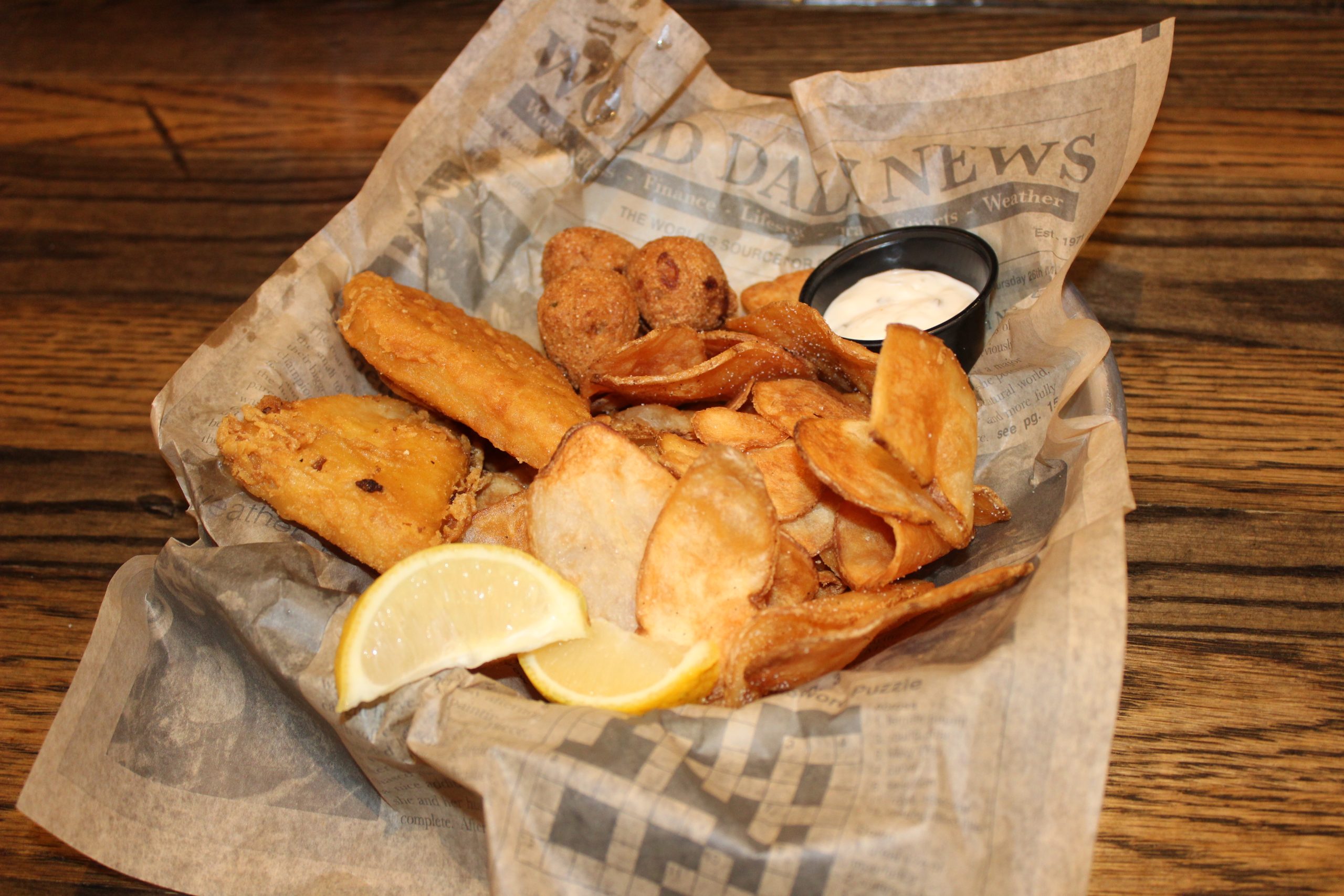 Battered Cod with Potato Chips, Hushpuppy, Lemon and Tartar Sauce – 15.99